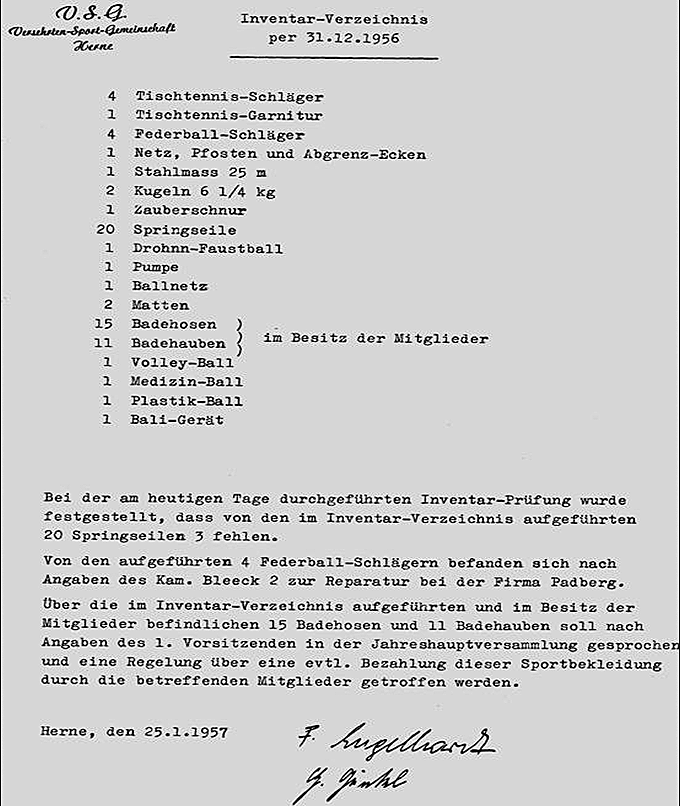 Erste Inventarliste der BSG Herne